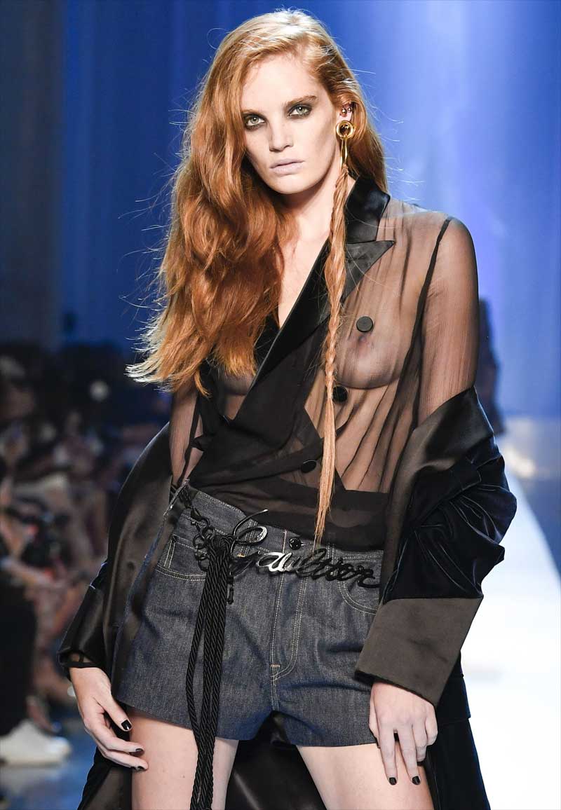 Alexina Graham Breasts in Sheer Blouse on the Catwalk