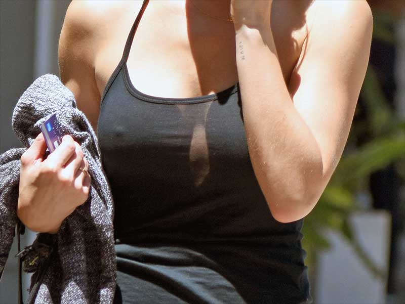 Ashley Greene Braless in See Through Black Tank Top
