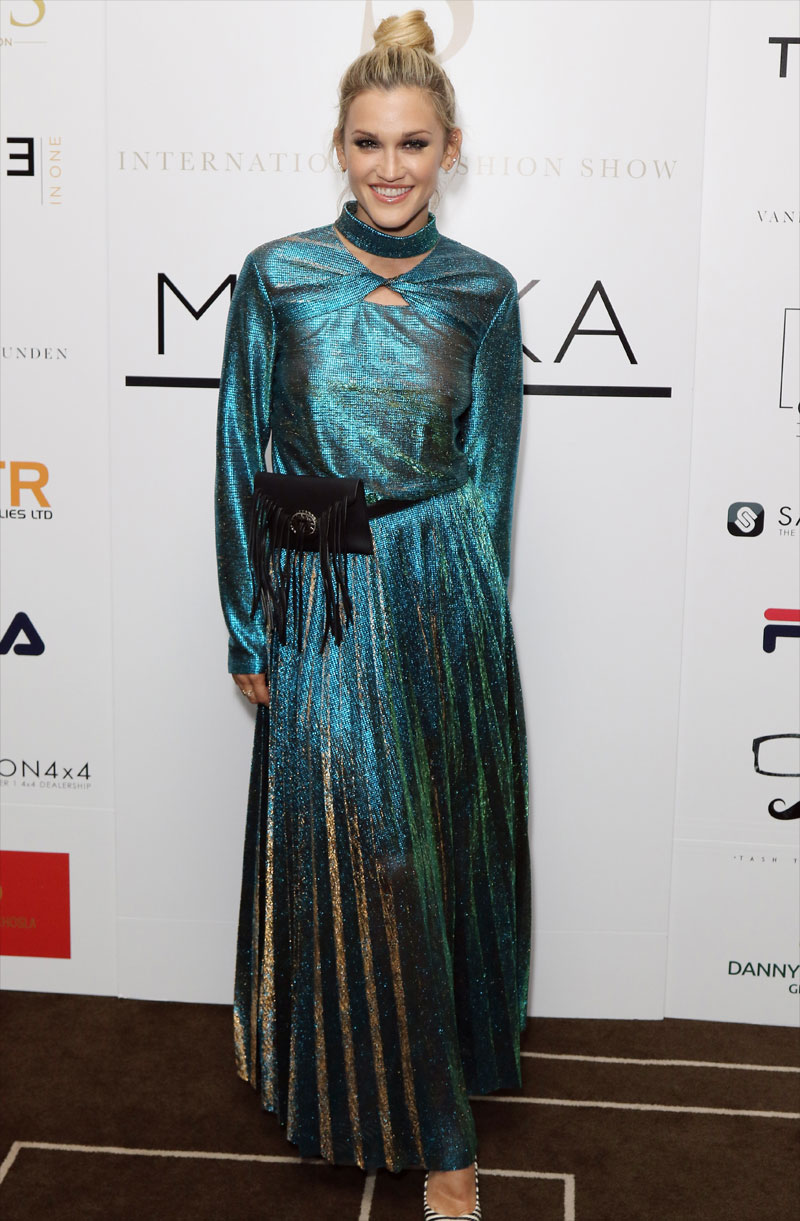 Ashley Roberts Braless in See Through Green Dress