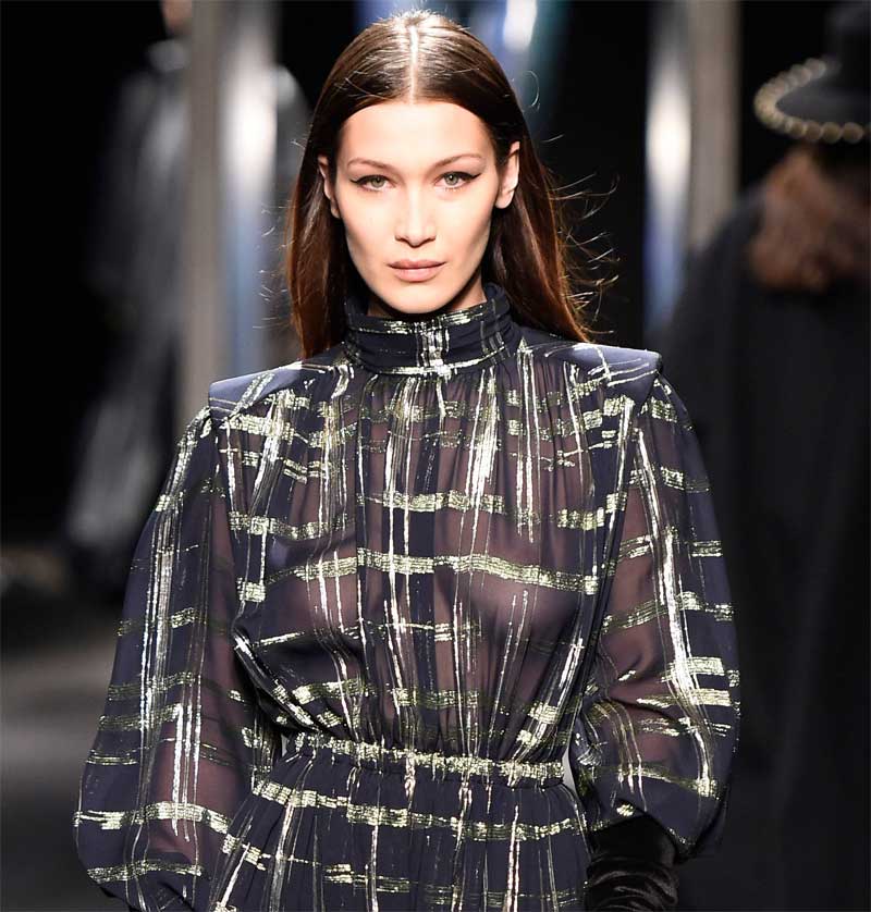 Bella Hadid Breasts in See Through Out on the Runway