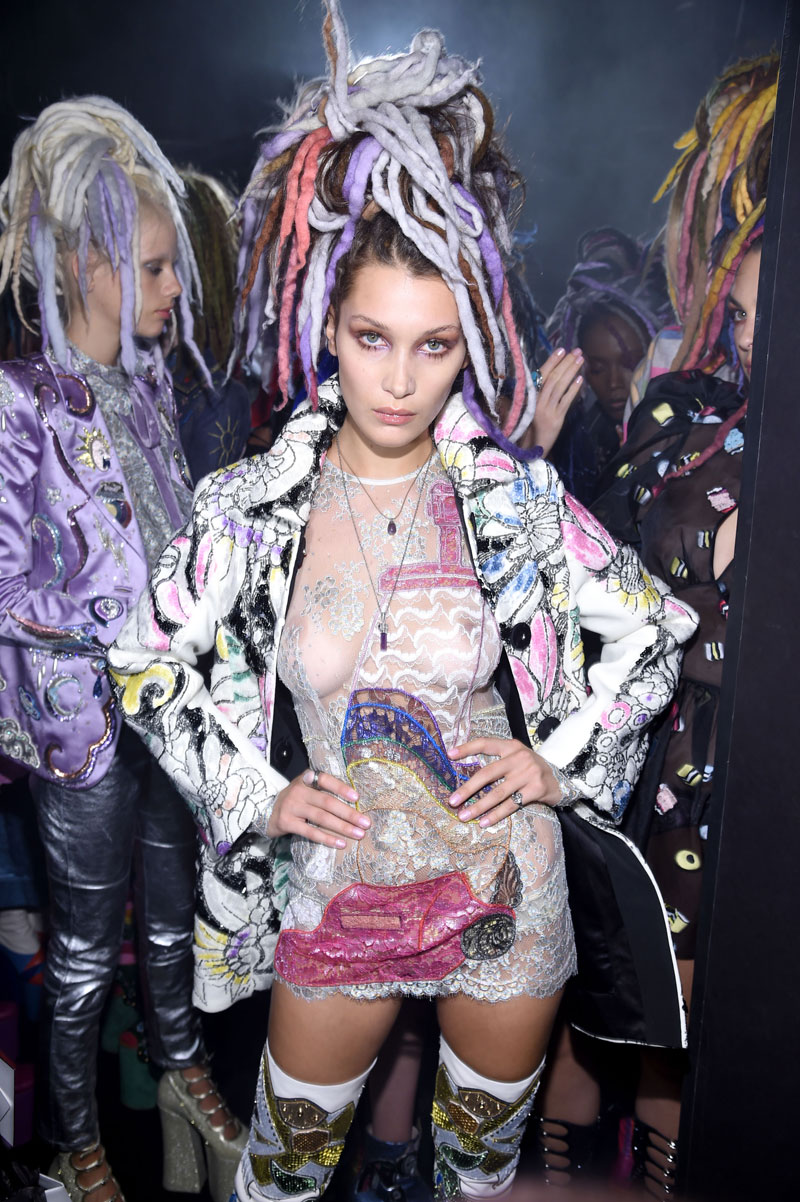 Bella Hadid Braless in See Through Dress for Fashion Week