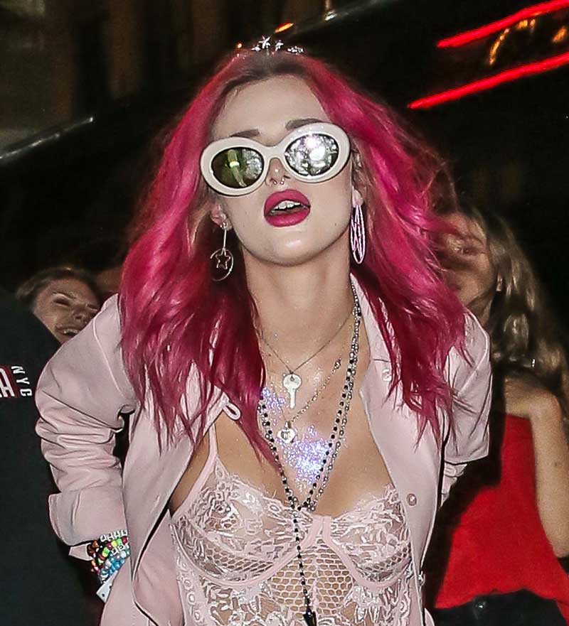 Bella Thorne Braless in See Though Lace Corset