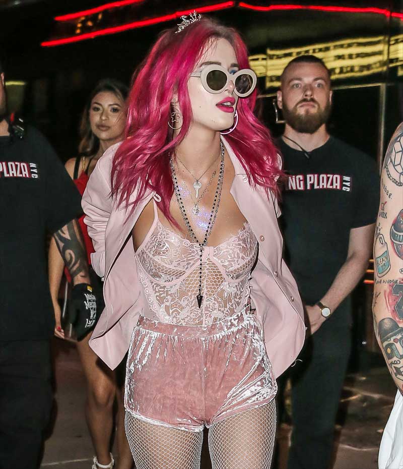 Bella Thorne Braless in See Though Lace Corset