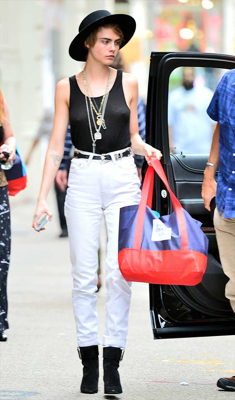 Cara Delevinge Braless in Slightly See Through Blouse Top