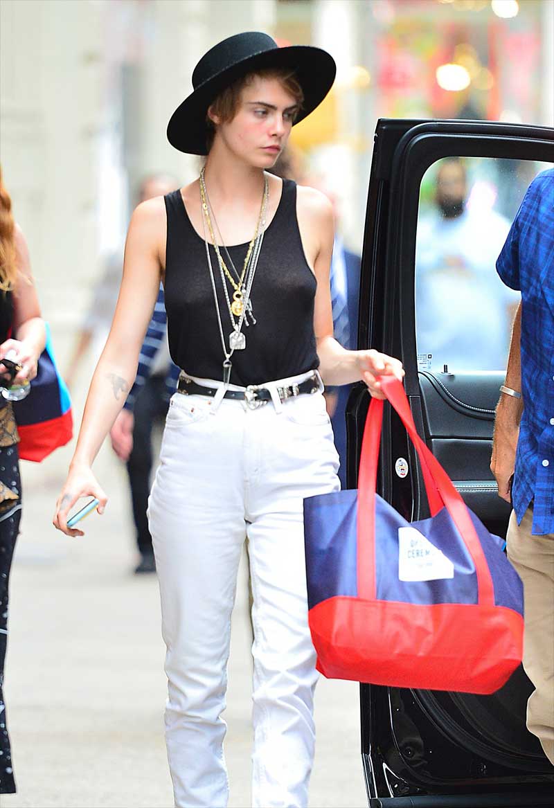 Cara Delevinge Braless in Slightly See Through Blouse Top