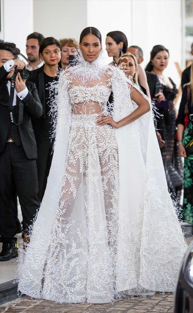 Cindy Bruna Braless in Lacey White Gown