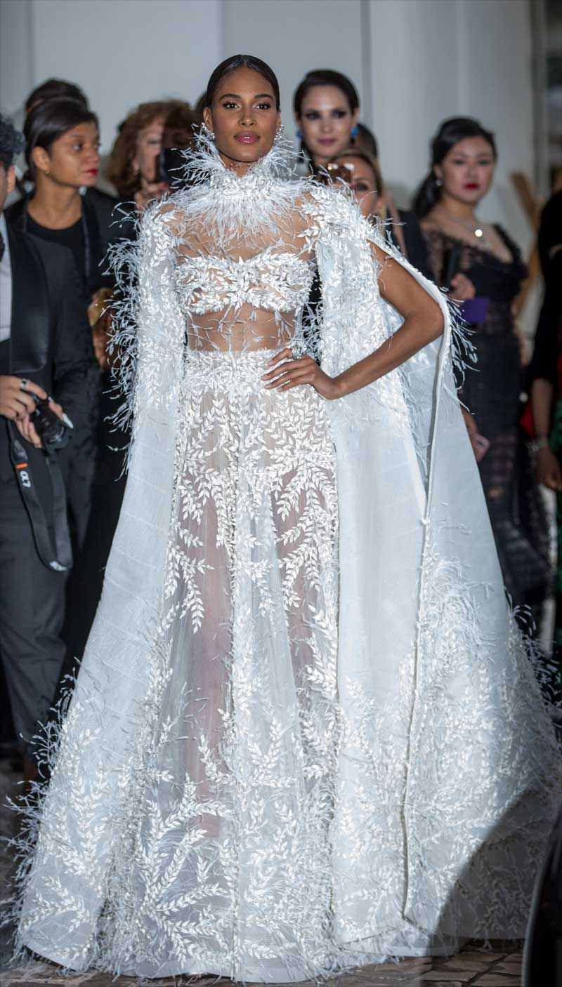 Cindy Bruna Braless in Lacey White Gown