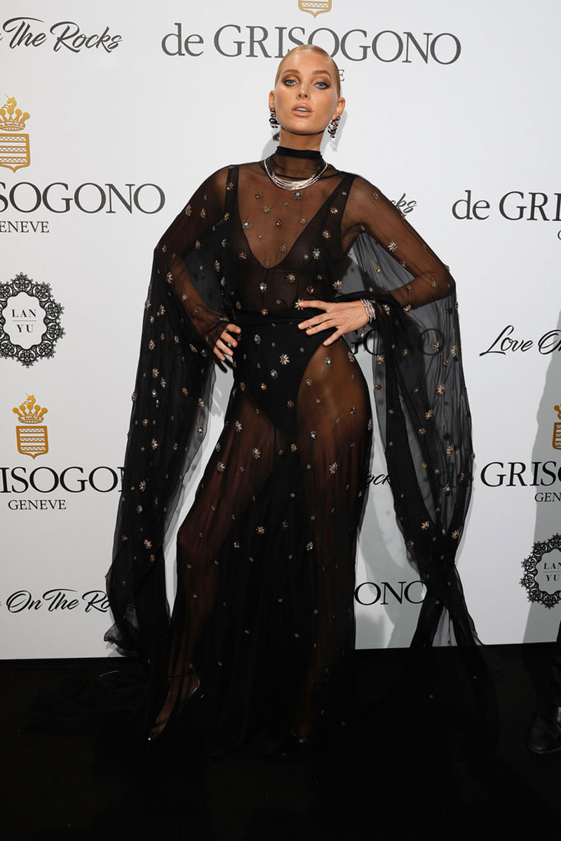 Elsa Hosk Braless in See Through Black Lace Dress