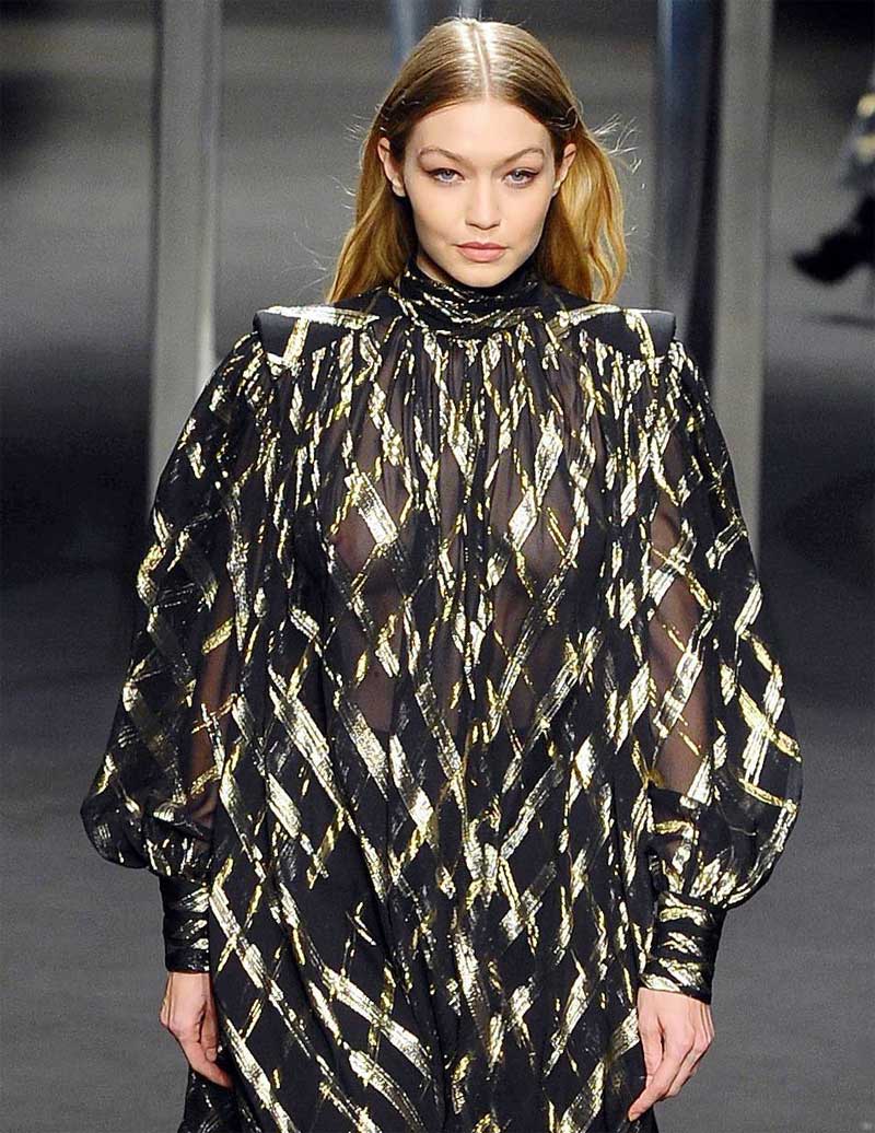 Gigi Hadid Braless Breasts in See Through Outfit