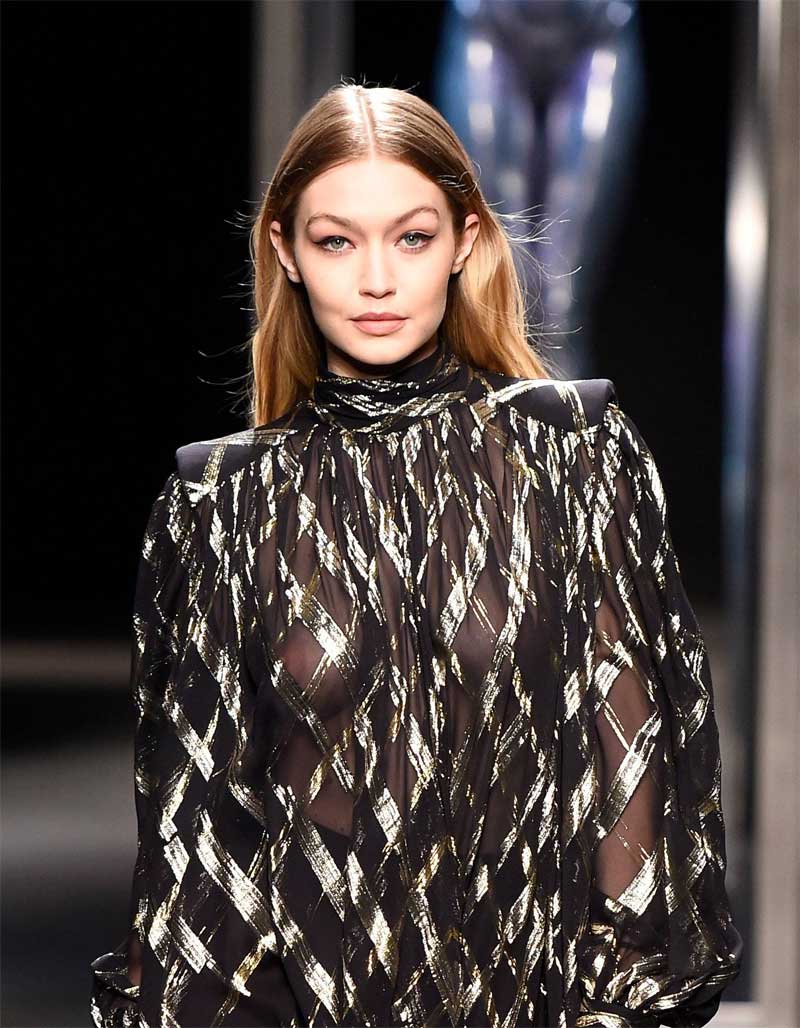 Gigi Hadid Braless Breasts in See Through Outfit