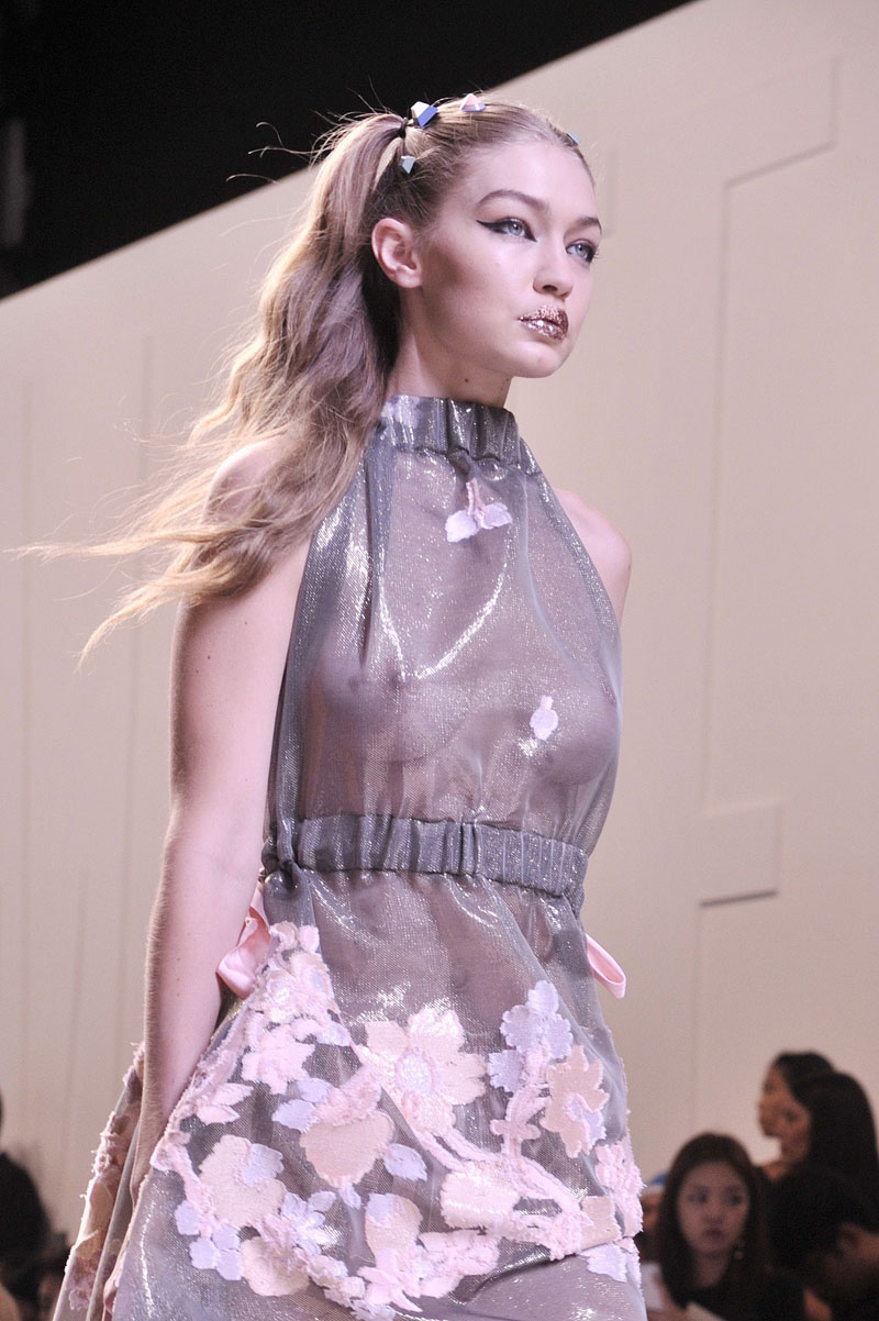 Gigi Hadid on the Runway Braless in See Through Dress
