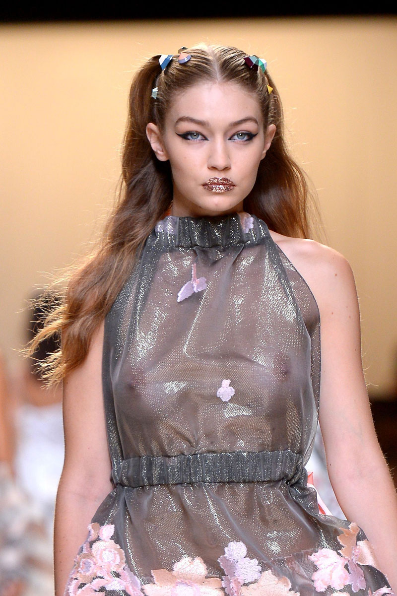 Gigi Hadid on the Runway Braless in See Through Dress
