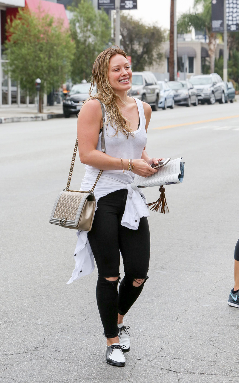Hilary Duff Wet Pokies in White Tank Top