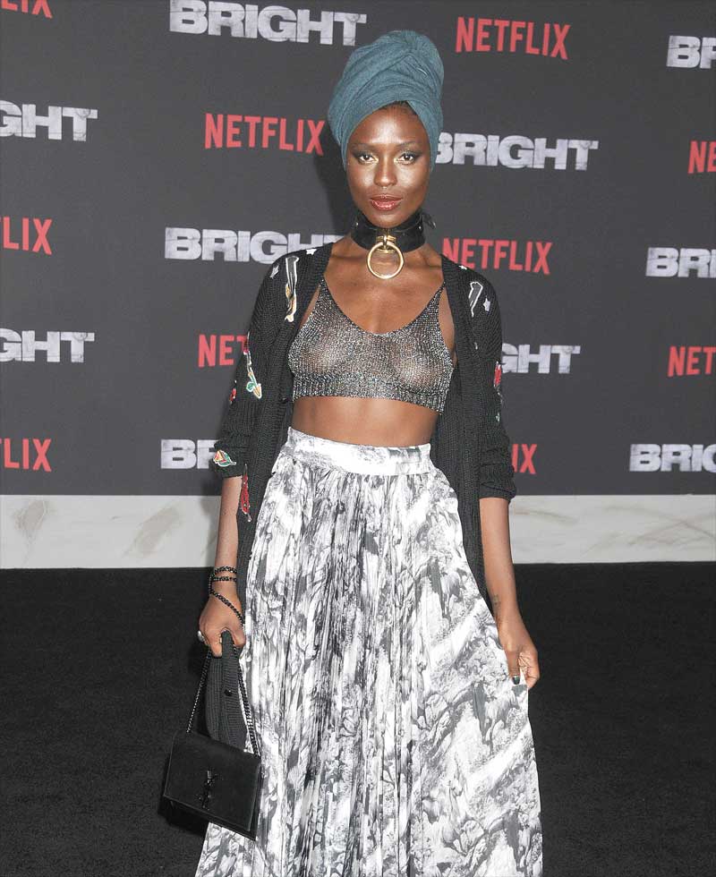 Jodie Turner-Smith Braless in Metal Mesh Bra
