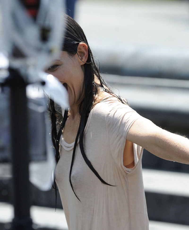 Katie Holmes Wet White T-Shirt Gets Very See Through