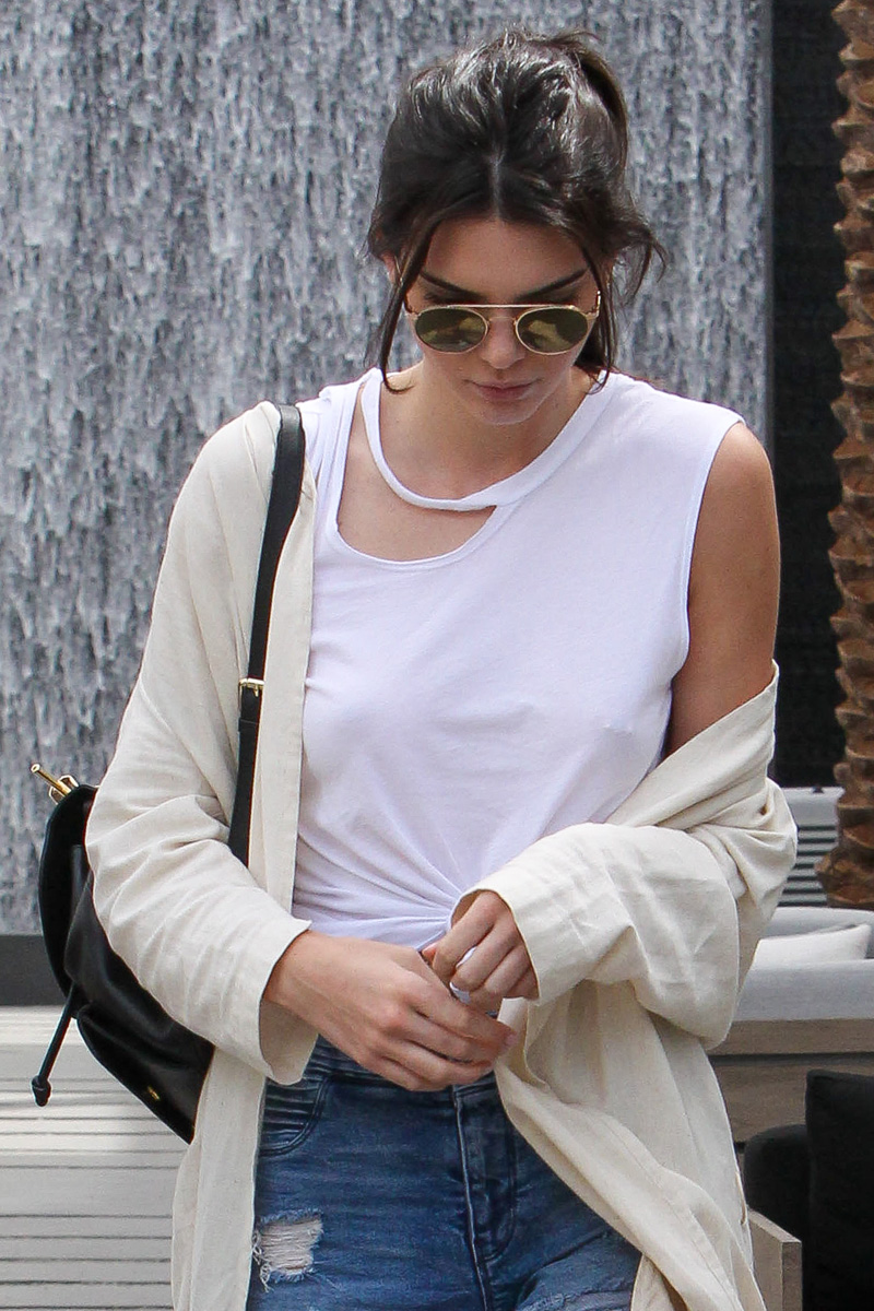 Kendall Jenner Nipple Ring Through White Tee Shirt