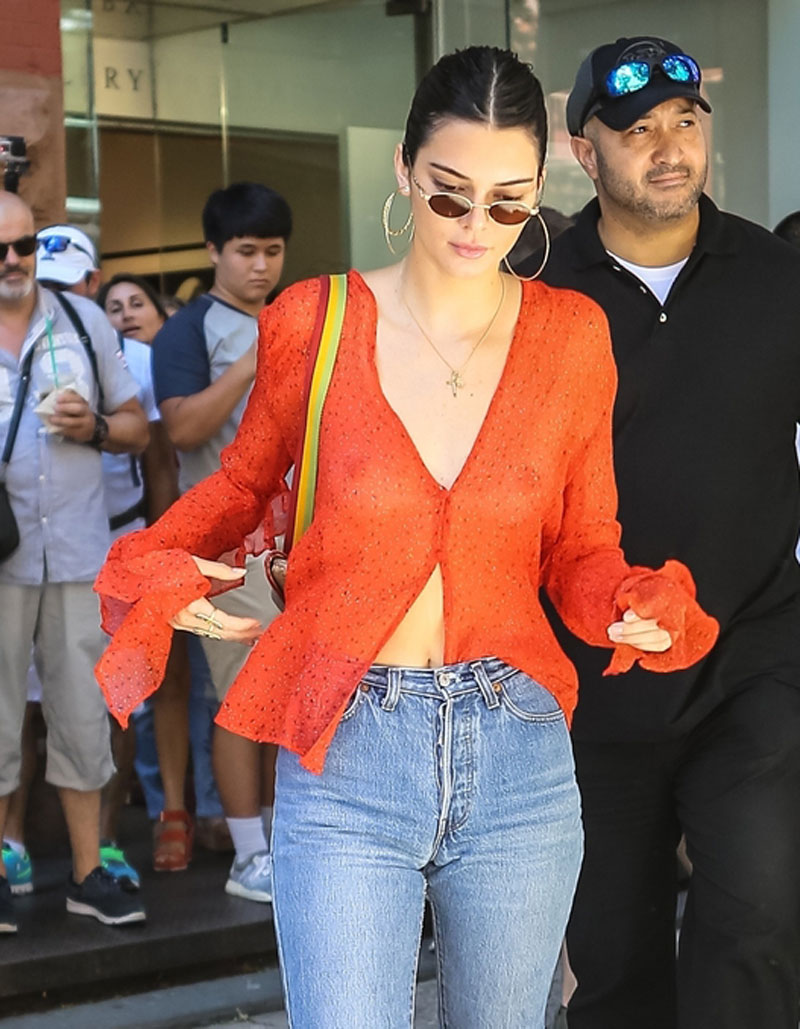 Kendall Jenner No Bra in See Through Red Blouse