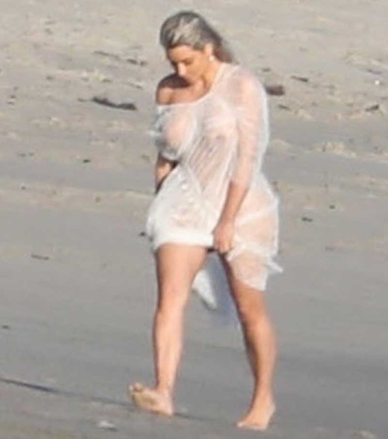 Kim Kardashian Breasts in See Through Lace Robe