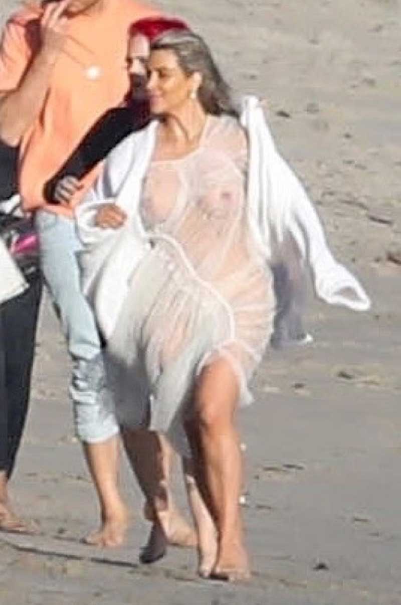 Kim Kardashian Breasts in See Through Lace Robe
