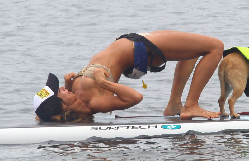 Leilani Dowding Nip Slip on a Surf Board