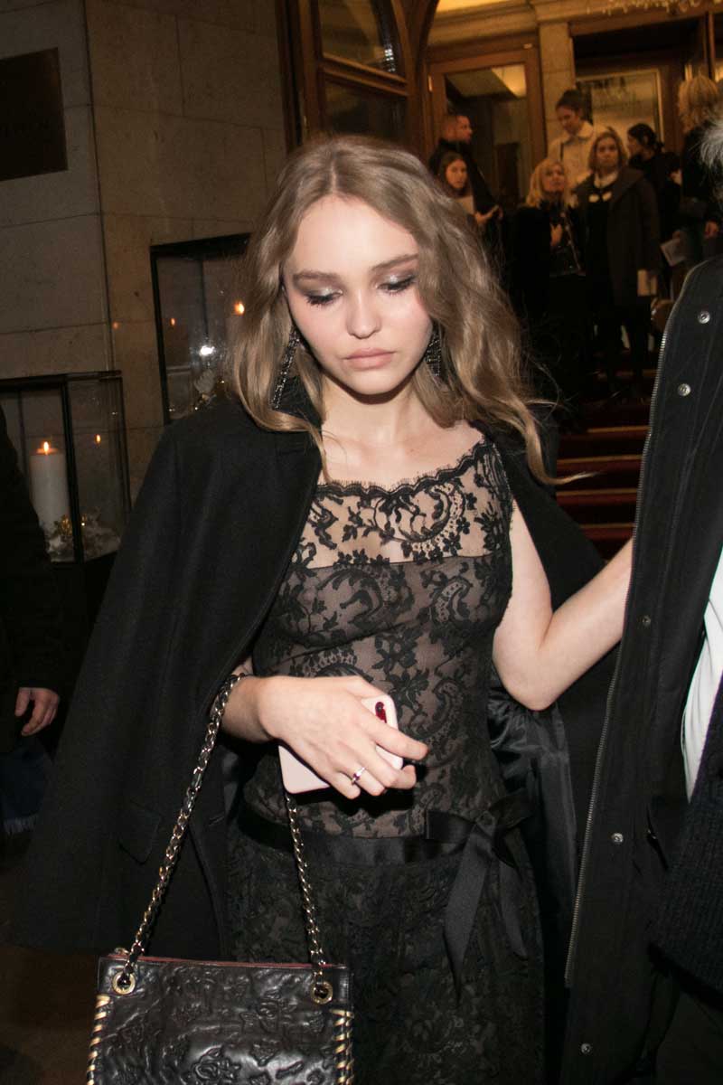 Lily Rose Depp Nipples in Black Lacy Dress