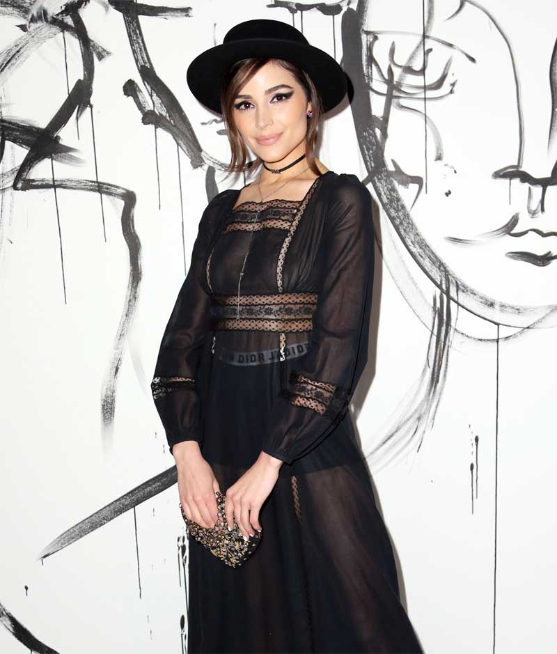 Olivia Culpo Braless in See Through Lace Dress