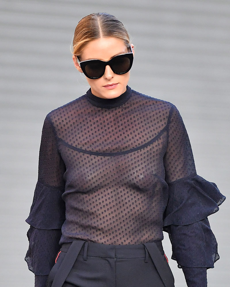 Olivia Palermo Braless in See Through Lace Blouse
