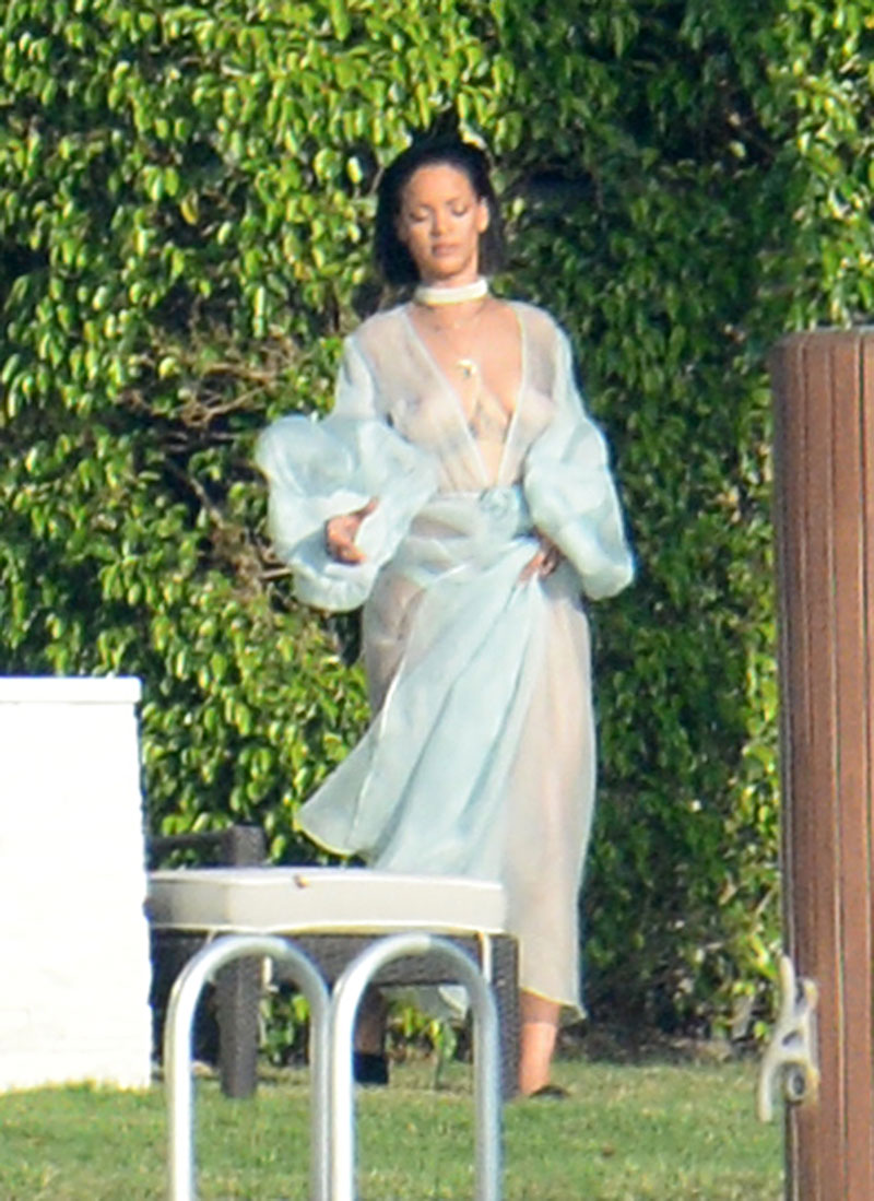 Rihanna Boobs in See Through Robe on the Set
