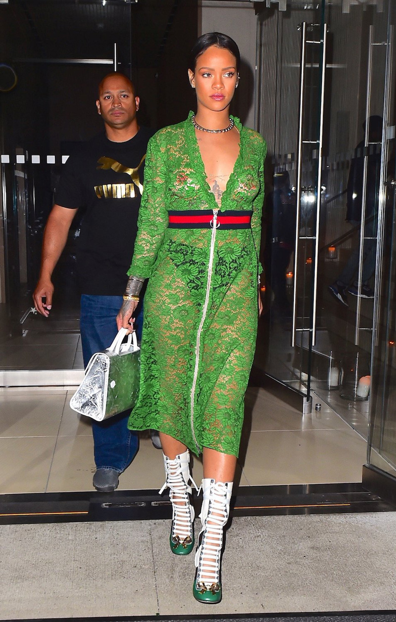 Rihanna Nipples in Green Mesh Dress