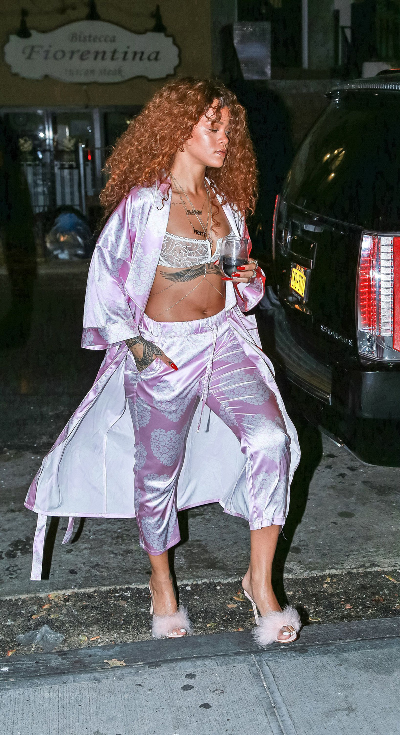 Rihanna in See Through Bra & Pajamas on the Street