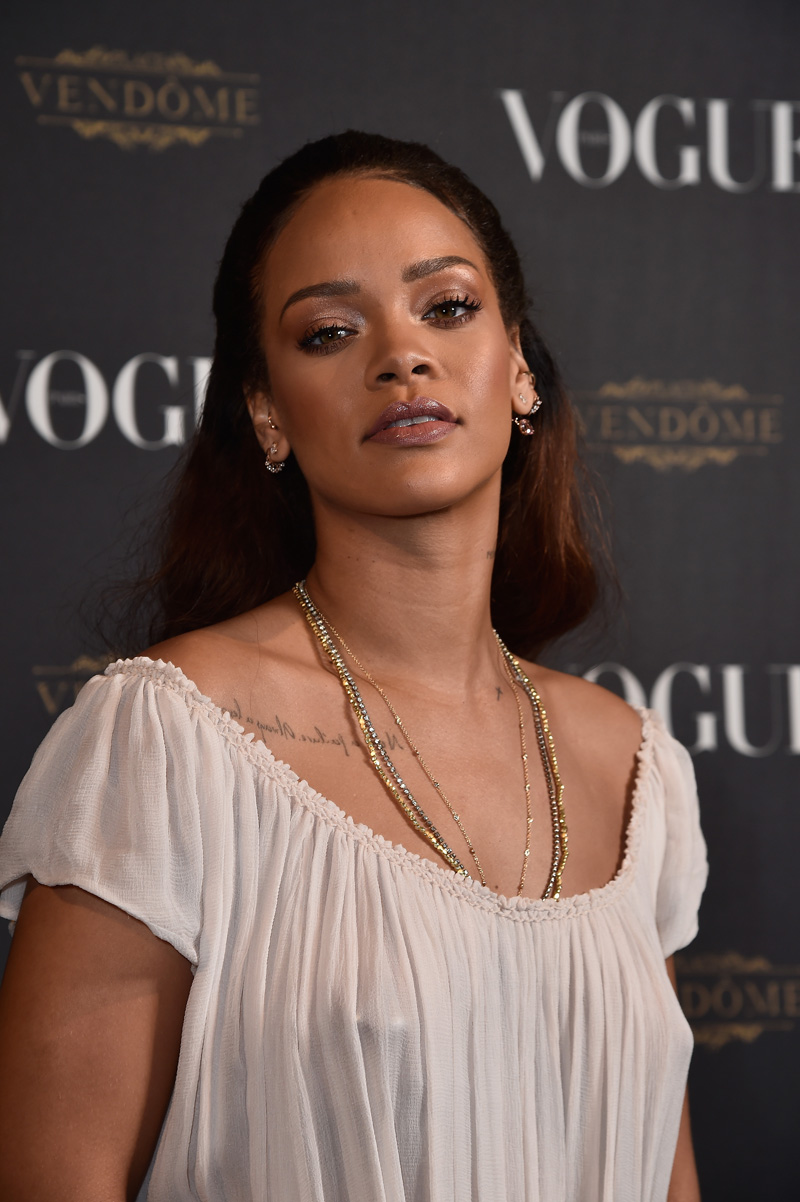 Rihanna Braless in Transparent Full Length Dress