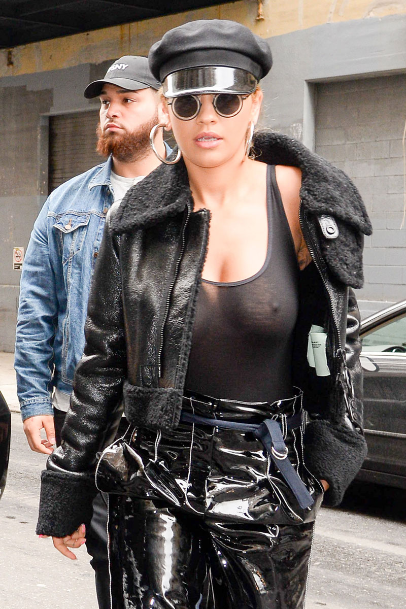 Rita Ora No Bra in See Through Black Tank Top