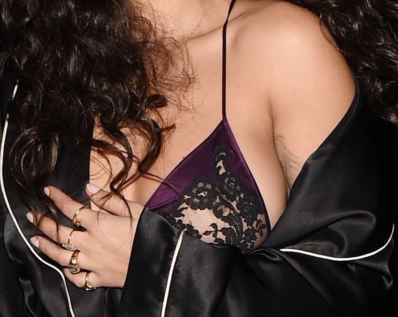 Rita Ora Nipple Peek in Silk Slip Dress