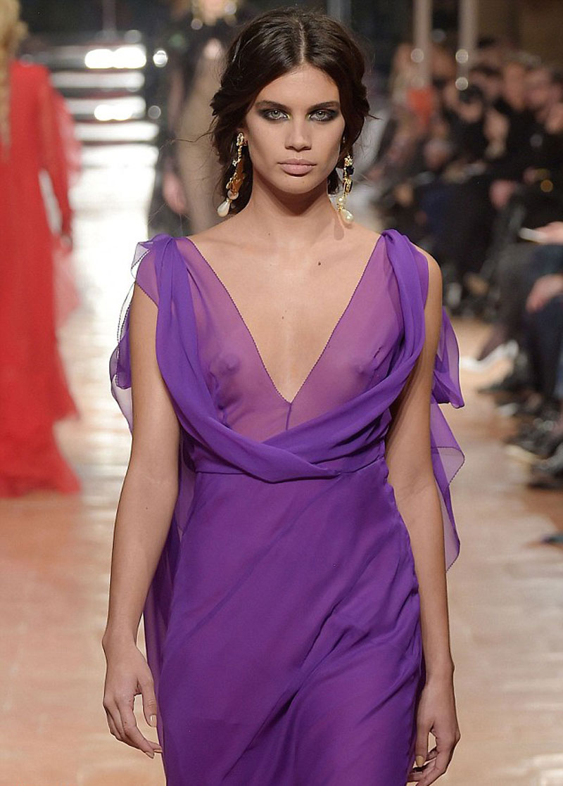 Sara Sampaio Nipples in See Through Purple Dress