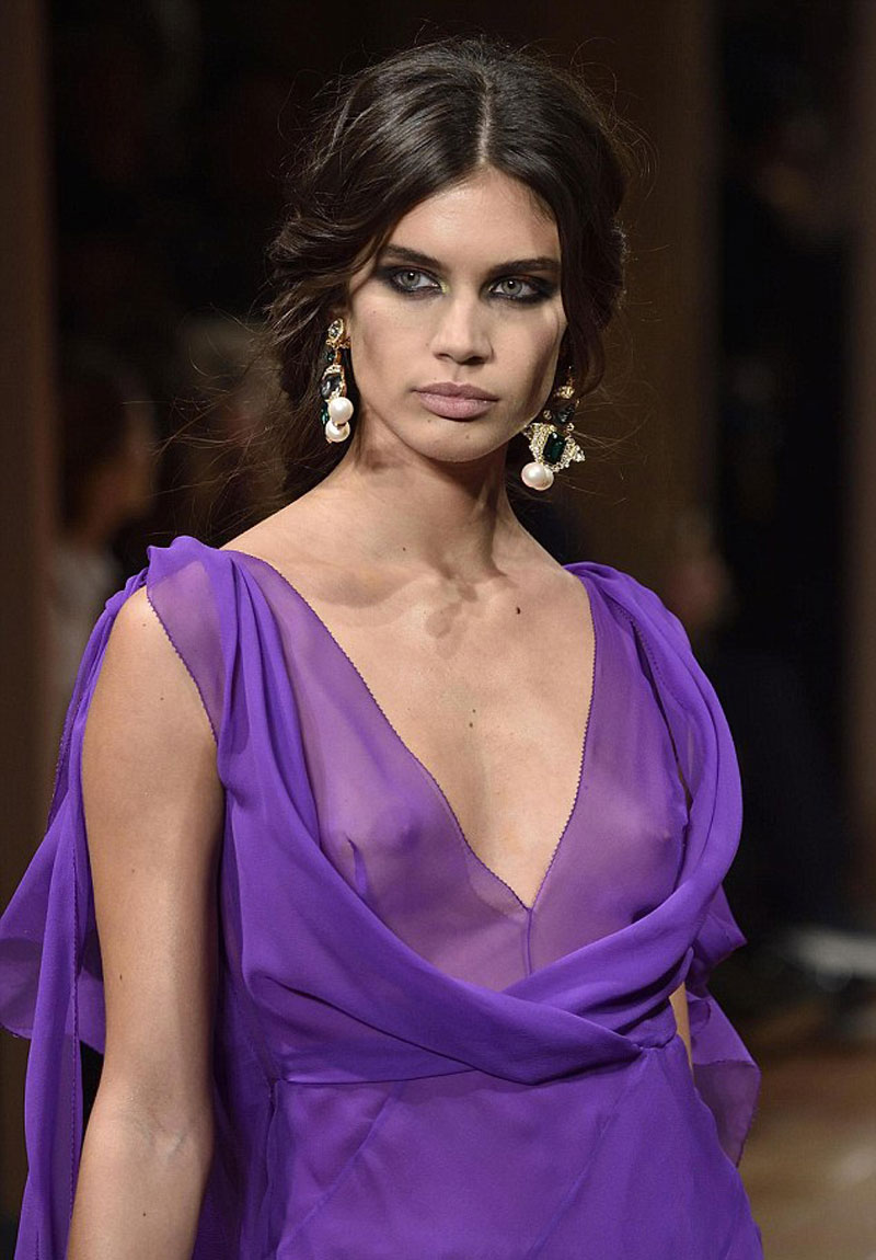 Sara Sampaio Nipples in See Through Purple Dress