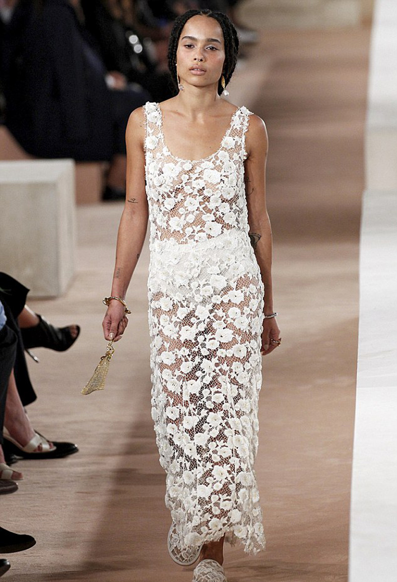 Zoe Kravitz Braless in White Lace Dress on the Catwalk