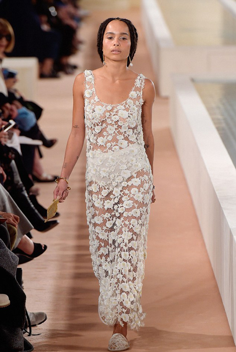 Zoe Kravitz Braless in White Lace Dress on the Catwalk