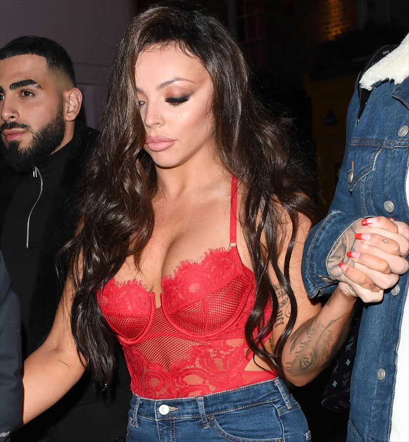 Jesy Nelson Wearing a See Through Red Lace Corset