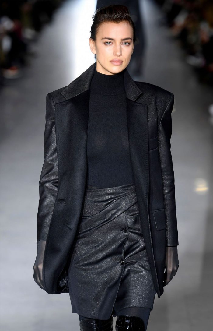 Irina Shayk Braless in Black Top on the Cat Walk