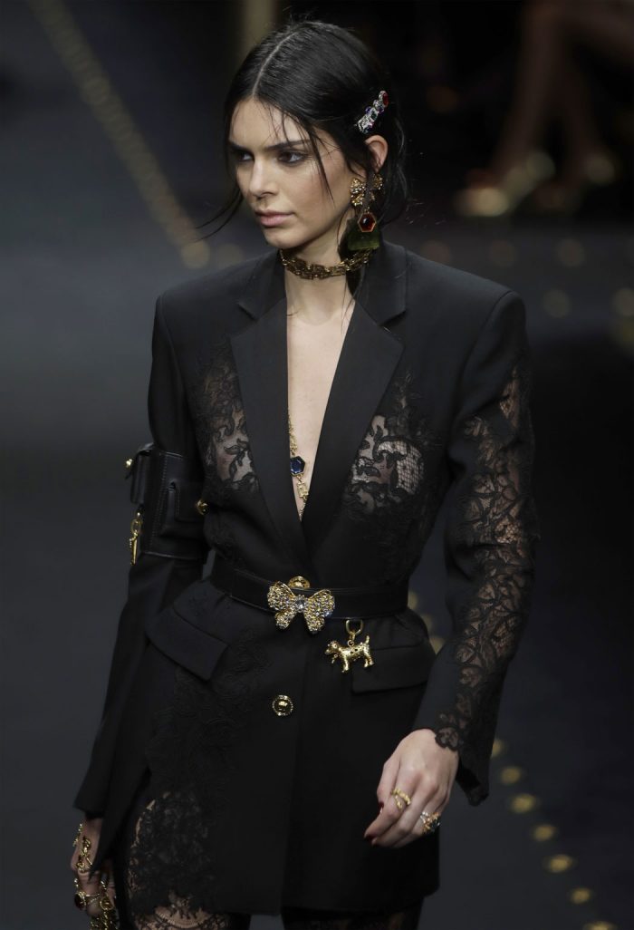 Kendall Jenner Breasts in Windowed Jacket on the Runway