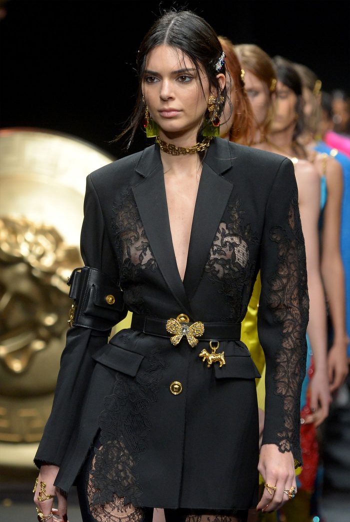 Kendall Jenner Breasts in Windowed Jacket on the Runway