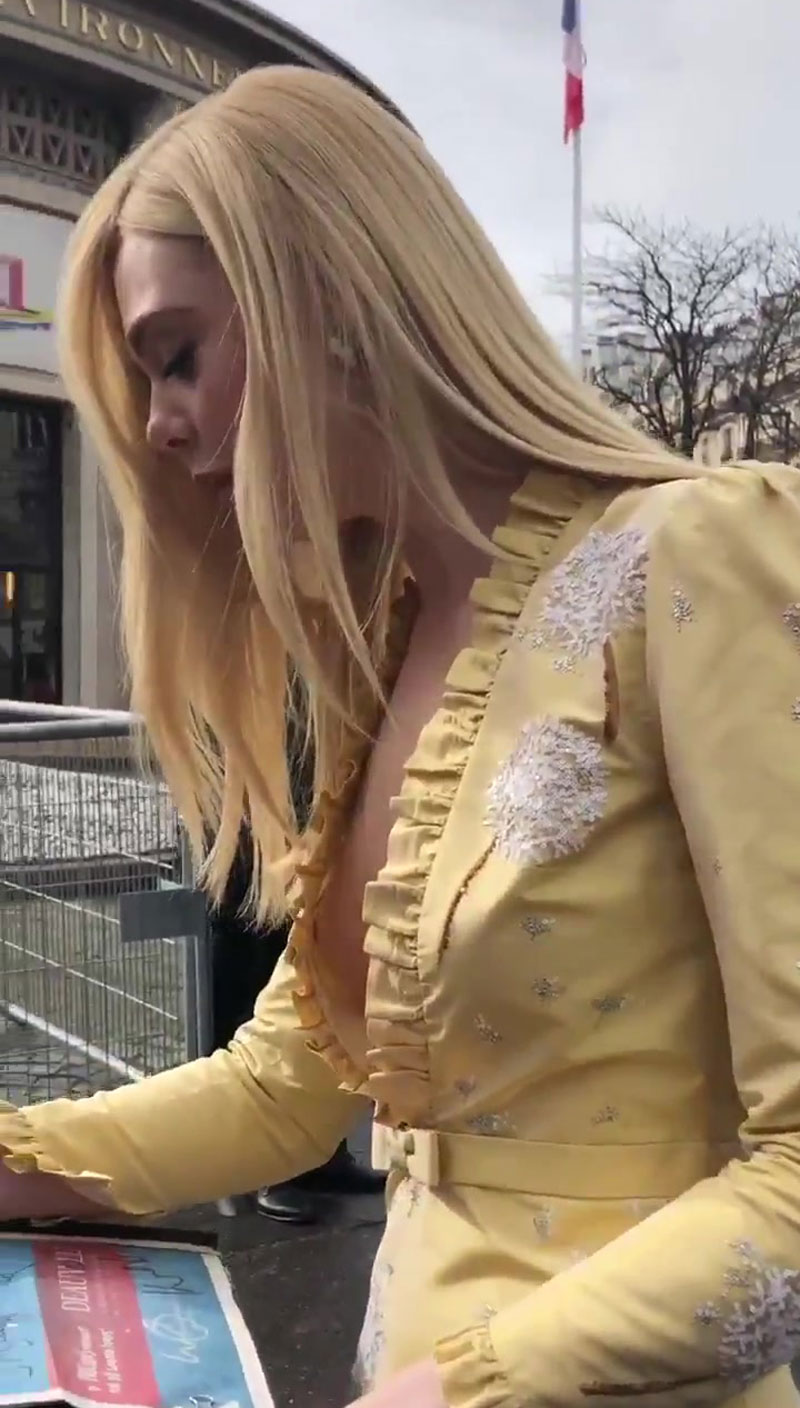 Elle Fanning Down Blouse Nipple Slip in Paris