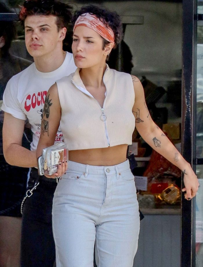 Halsey Braless Pokies While Out Shopping