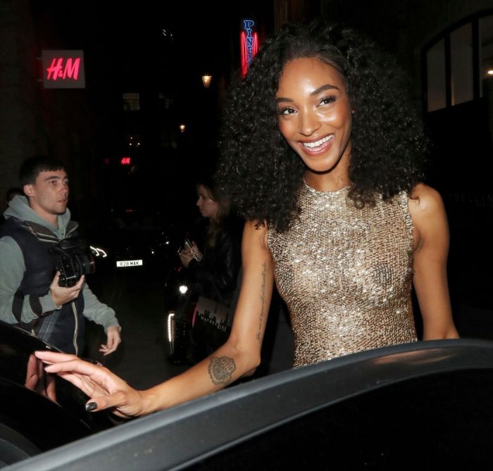 Jourdan Dunn Braless in Gold Sequin Gown