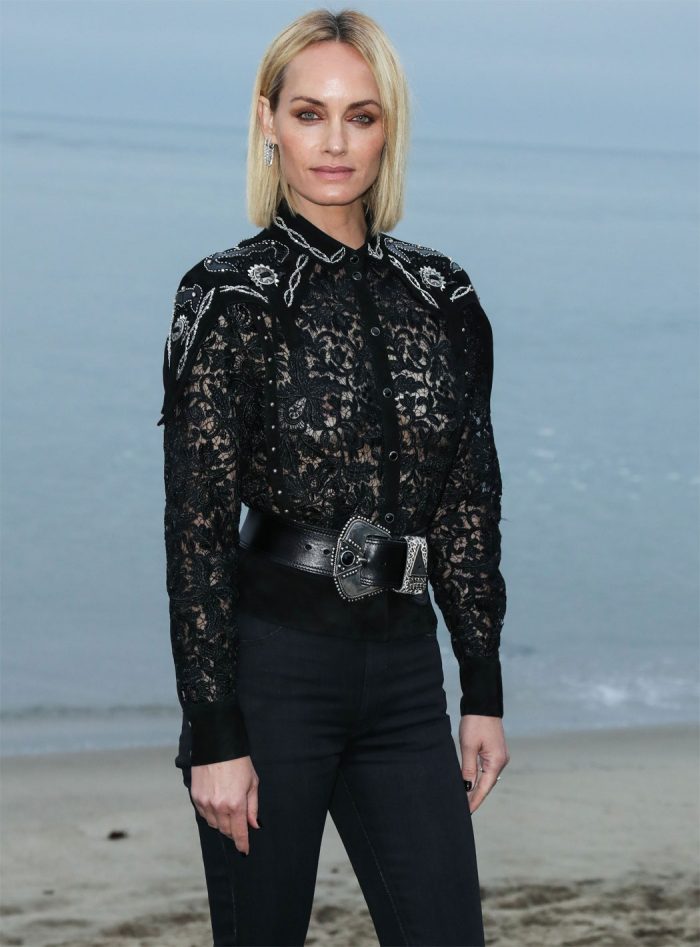 Amber Valletta Braless in a Black Lace Shirt