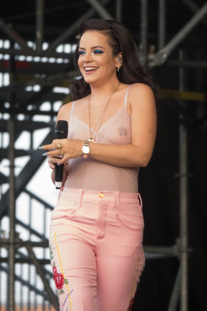 Lily Allen Braless Nipples on Stage in Pink