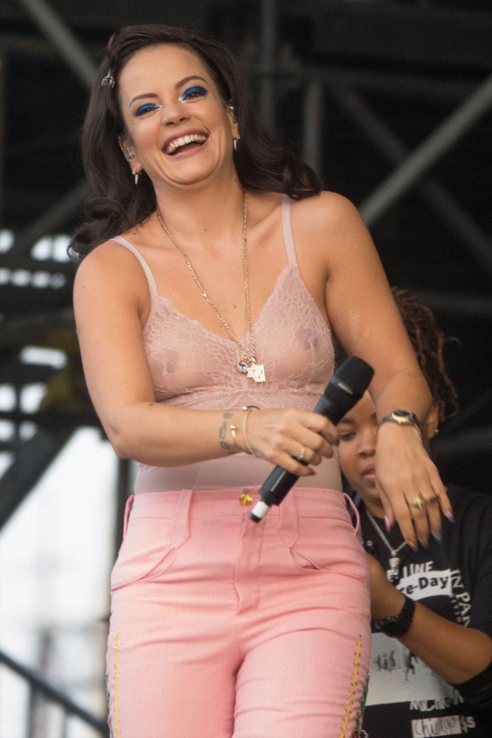 Lily Allen Braless Nipples on Stage in Pink