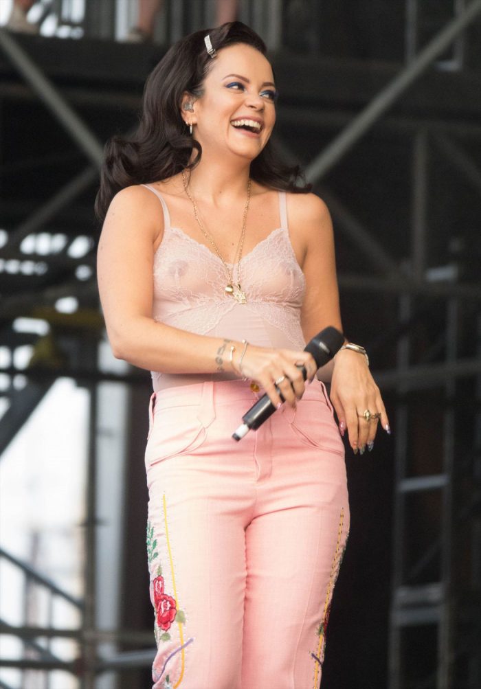 Lily Allen Braless Nipples on Stage in Pink