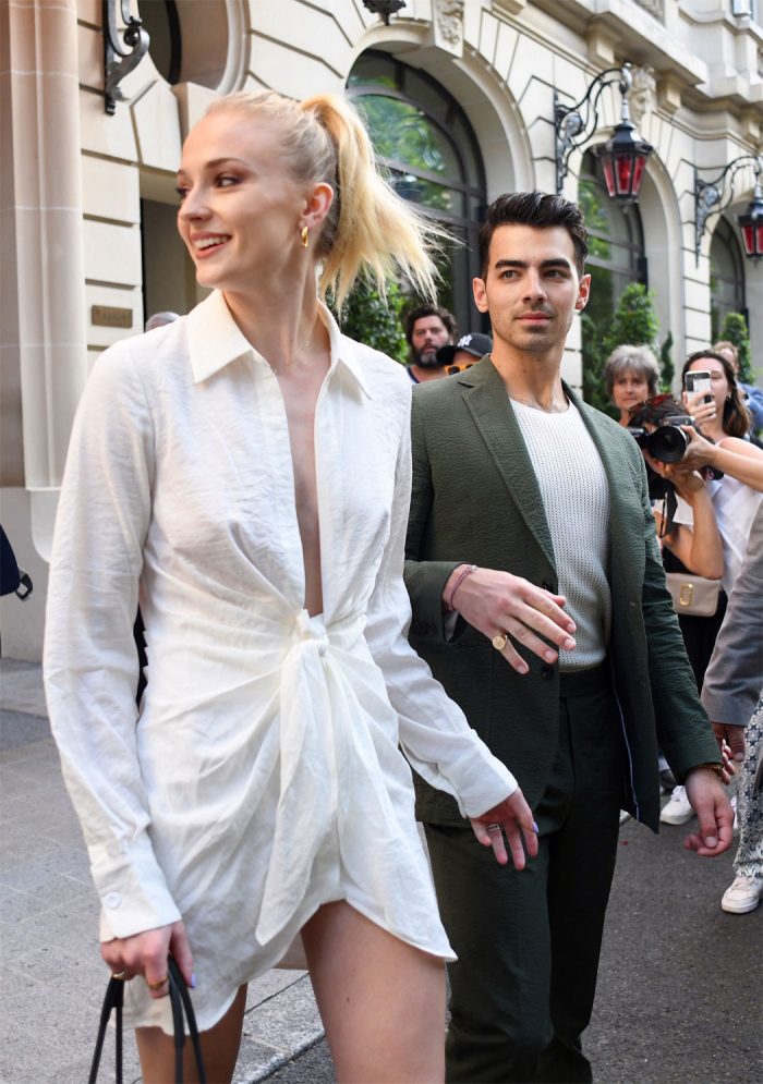 Sophie Turner Braless Pokies in Just a White Shirt