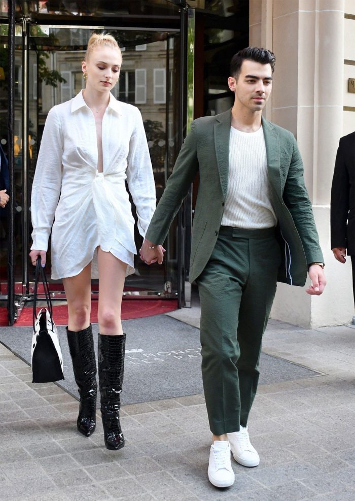 Sophie Turner Braless Pokies in Just a White Shirt